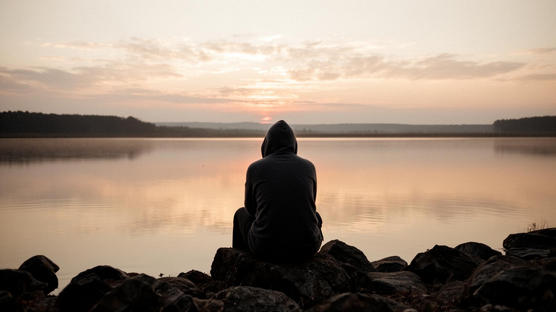 A lone figure at dusk overlooking still water